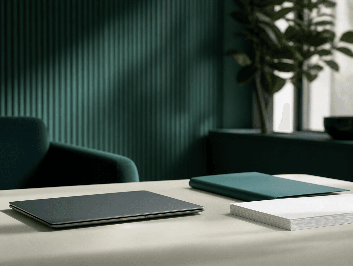 A closed laptop beside a document folder on a desk in a quiet room